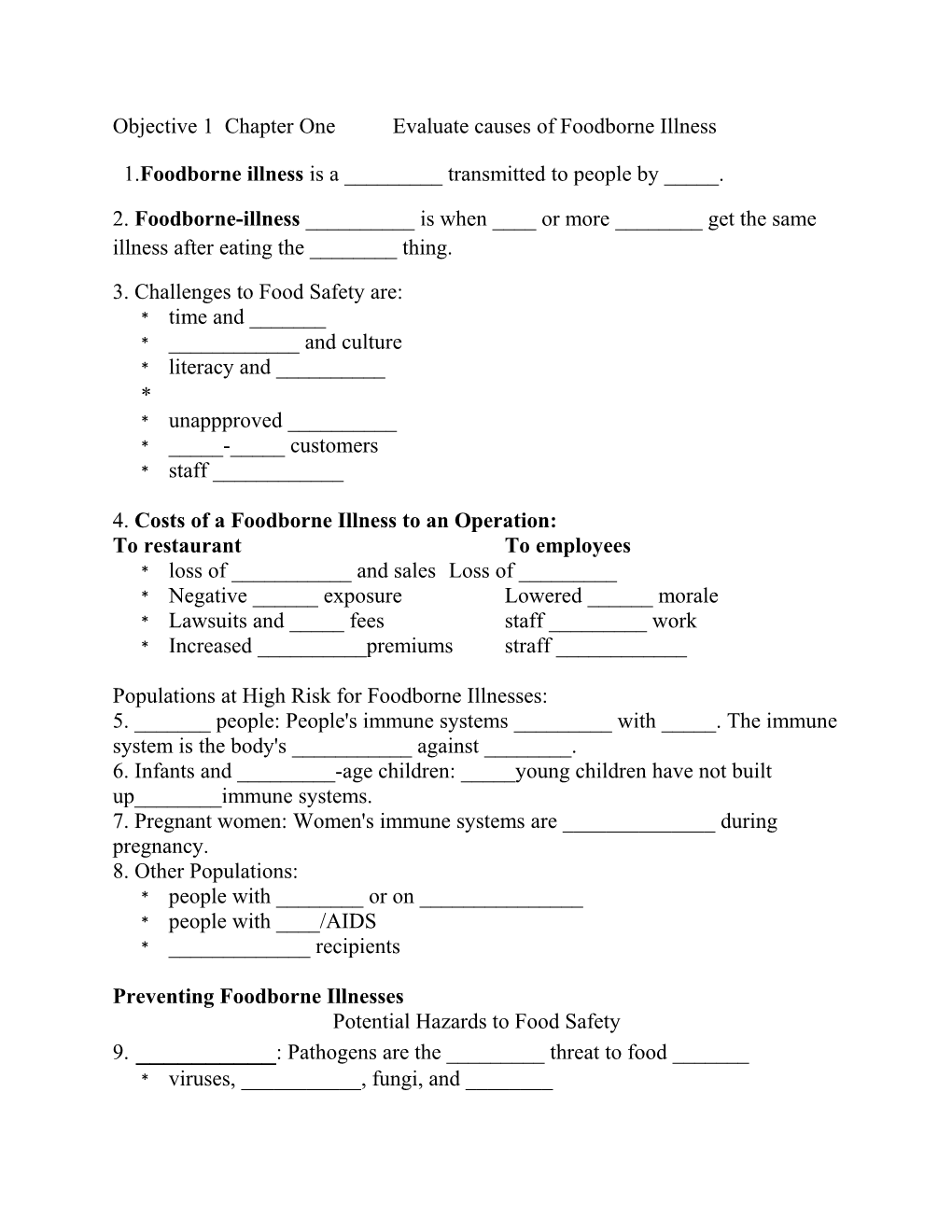 Objective 1 Chapter One Evaluate Causes of Foodborne Illness