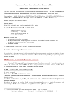 Commune De Selens Réunion De Conseil Municipal Du 08/06/2020 1