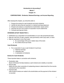 Introduction to Accounting 2 Modul 7 Chapter 15 CORPORATIONS: Dividends, Retained Earnings, and Income Reporting After Studying