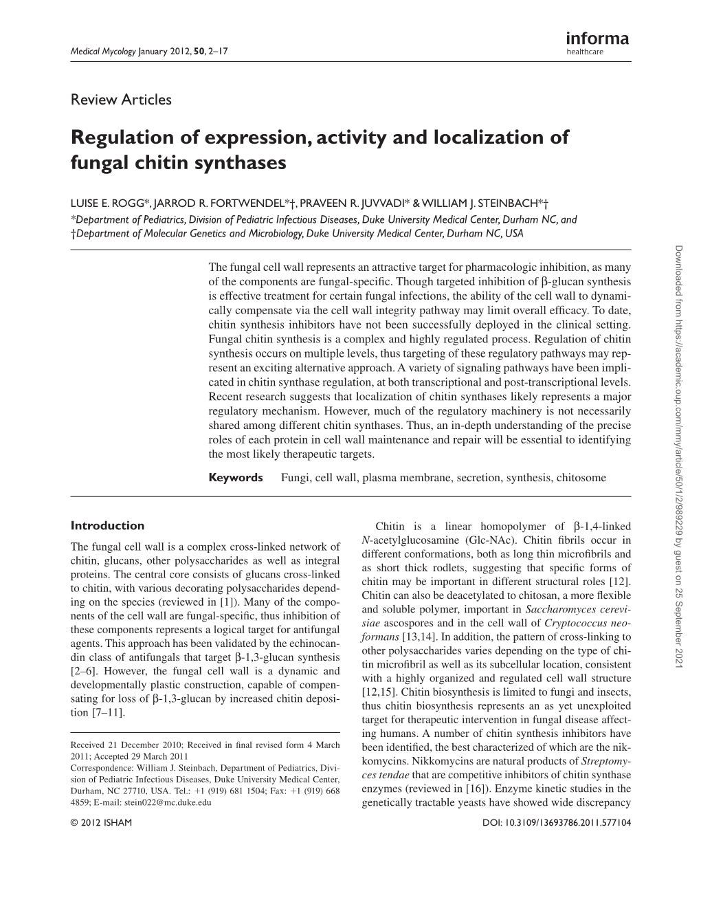Regulation of Expression, Activity and Localization of Fungal Chitin Synthases