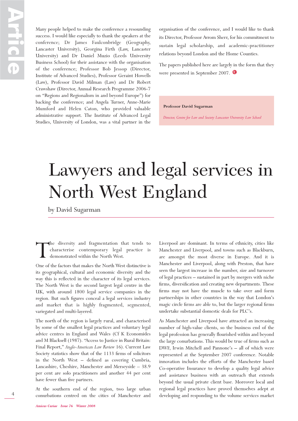 Lawyers and Legal Services in North West England by David Sugarman