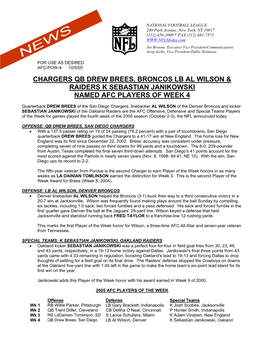 Chargers Qb Drew Brees, Broncos Lb Al Wilson & Raiders K Sebastian Janikowski Named Afc Players of Week 4