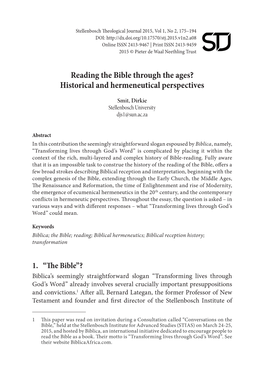 Reading the Bible Th Rough the Ages? Historical and Hermeneutical Perspectives