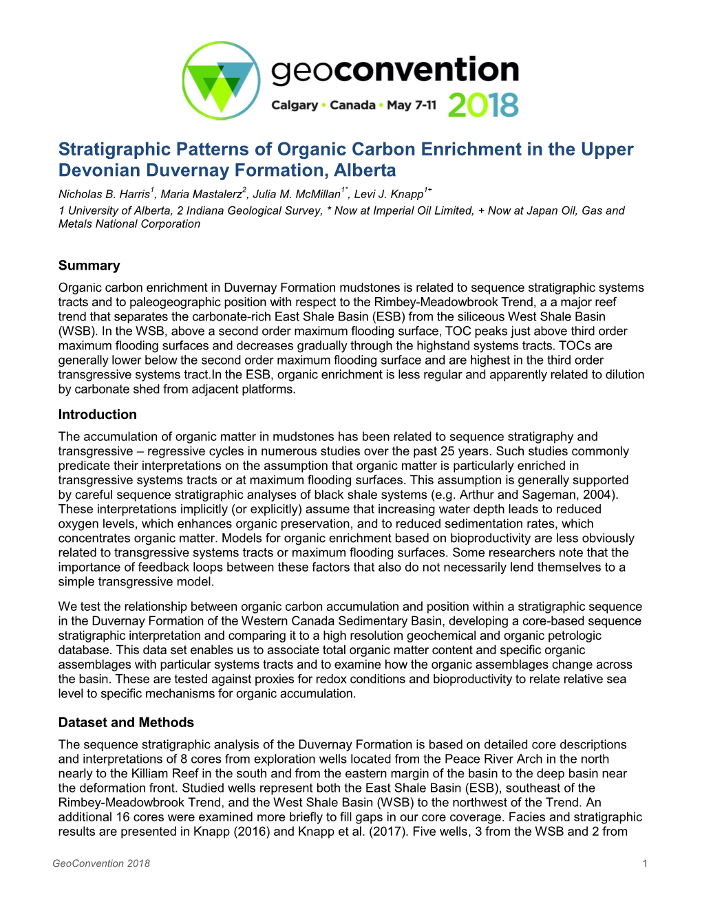 Stratigraphic Patterns of Organic Carbon Enrichment in the Upper Devonian Duvernay Formation, Alberta Nicholas B