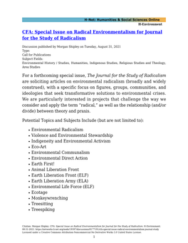 Special Issue on Radical Environmentalism for Journal for the Study of Radicalism