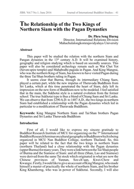 The Relationship of the Two Kings of Northern Siam with the Pagan Dynasties Dr