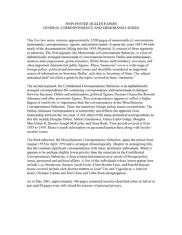 John Foster Dulles Papers General Correspondence and Memoranda Series