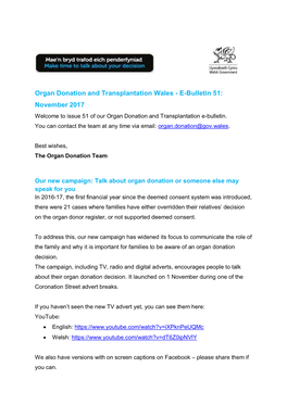 Organ Donation and Transplantation Wales - E-Bulletin 51: November 2017 Welcome to Issue 51 of Our Organ Donation and Transplantation E-Bulletin