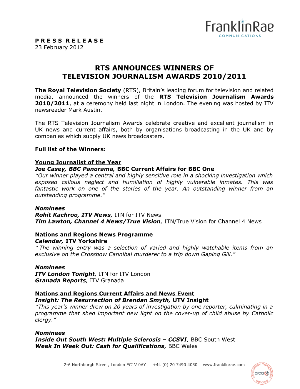 Rts Announces Winners Of