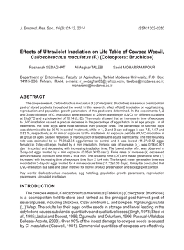 Effects of Ultraviolet Irradiation on Life Table of Cowpea Weevil, Callosobruchus Maculatus (F.) (Coleoptera: Bruchidae)