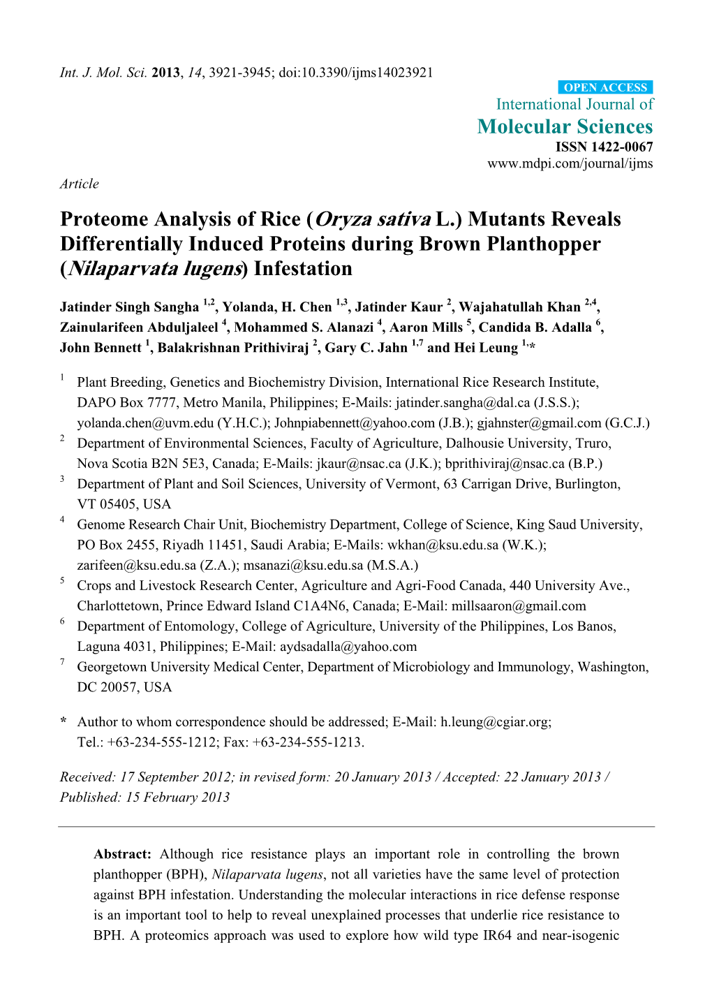 Mutants Reveals Differentially Induced Proteins During Brown Planthopper (Nilaparvata Lugens) Infestation