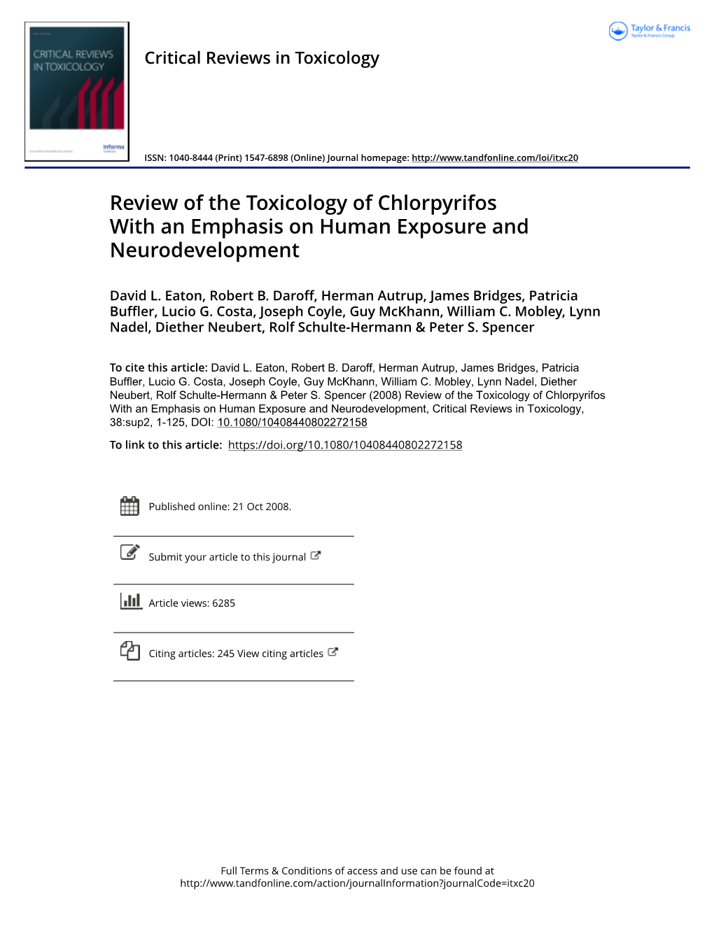 Review of the Toxicology of Chlorpyrifos with an Emphasis on Human Exposure and Neurodevelopment