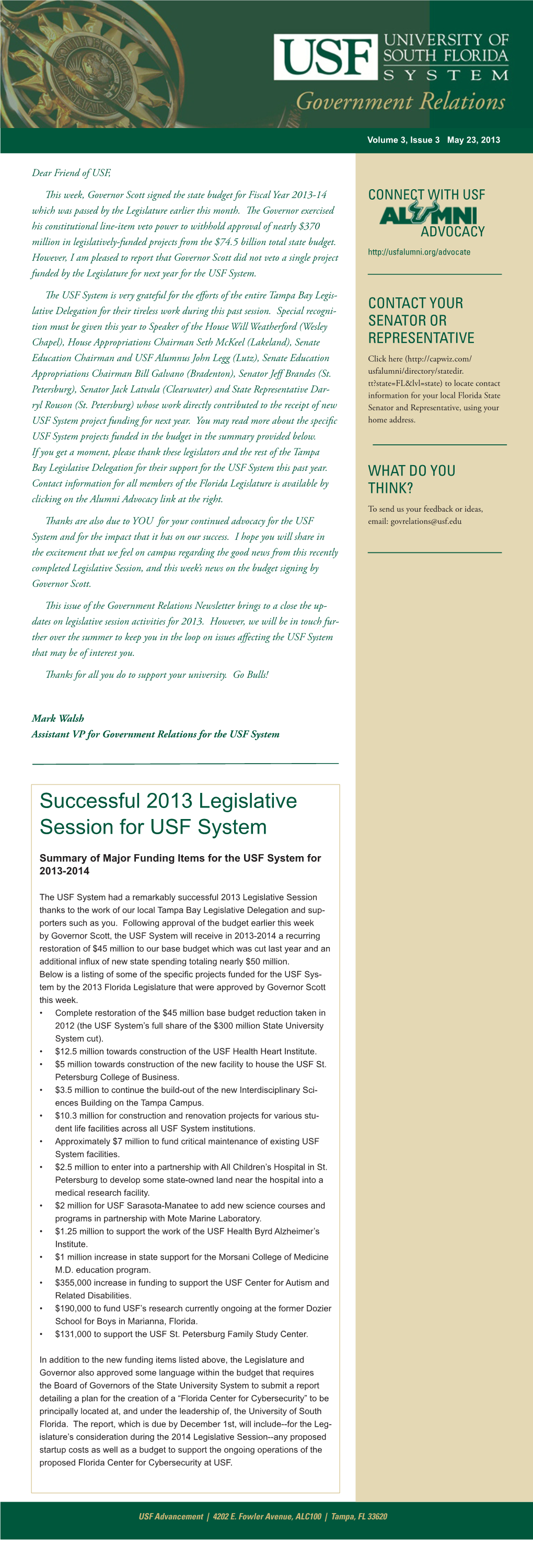 Successful 2013 Legislative Session for USF System