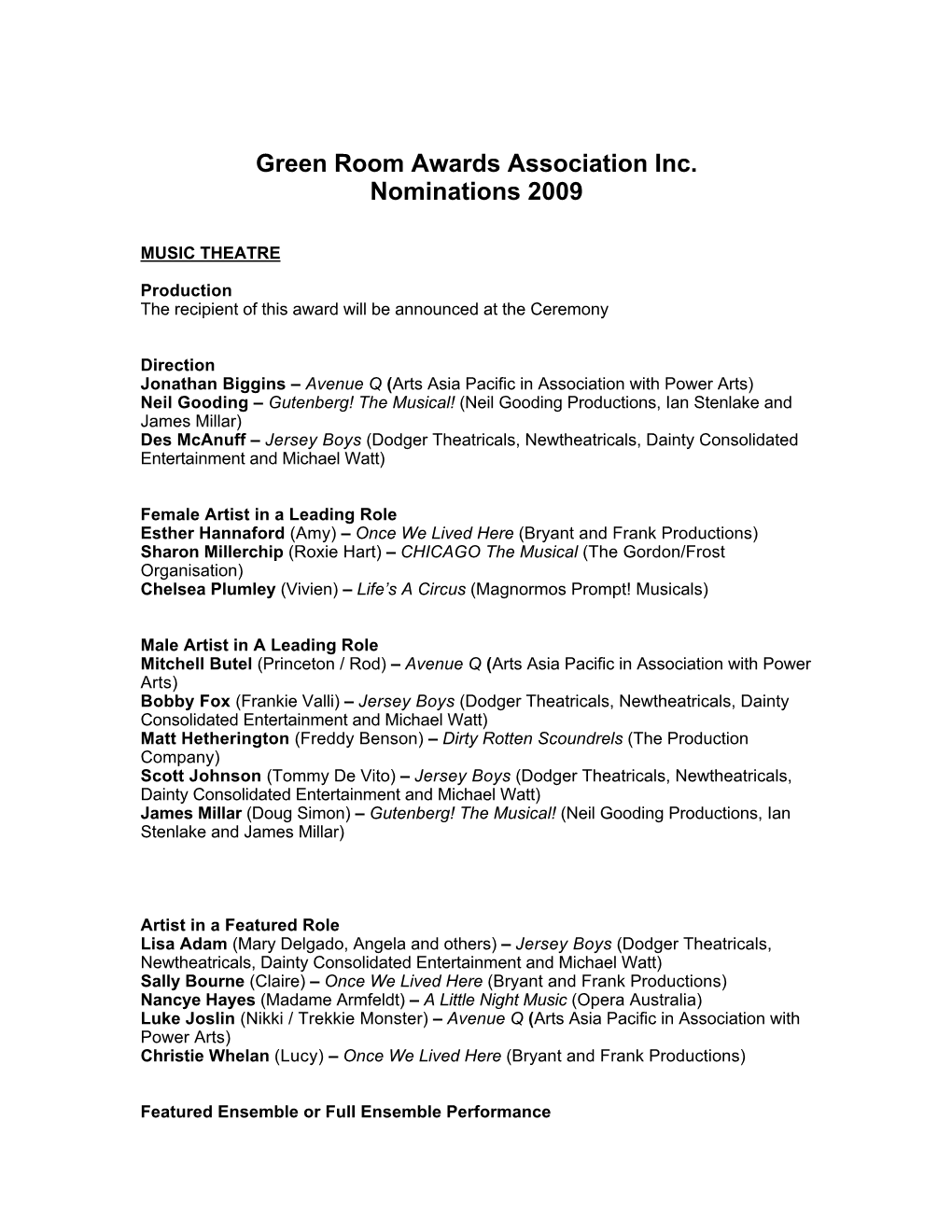 Green Room Nominations 2010