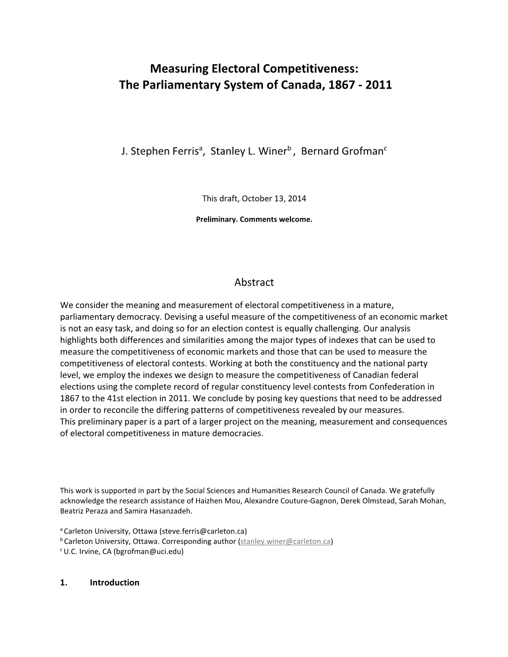 Measuring Electoral Competitiveness: the Parliamentary System of Canada, 1867 - 2011