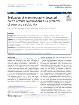 Evaluation of Mammography Detected Breast Arterial Calcifications As a Predictor of Coronary Cardiac Risk Engy A