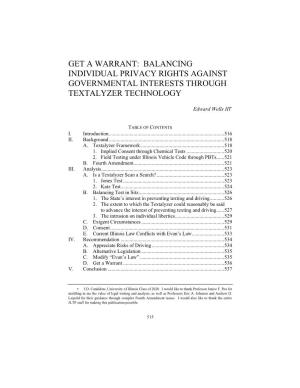 Get a Warrant: Balancing Individual Privacy Rights Against Governmental Interests Through Textalyzer Technology