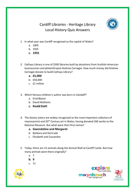 Cardiff Libraries - Heritage Library Local History Quiz Answers