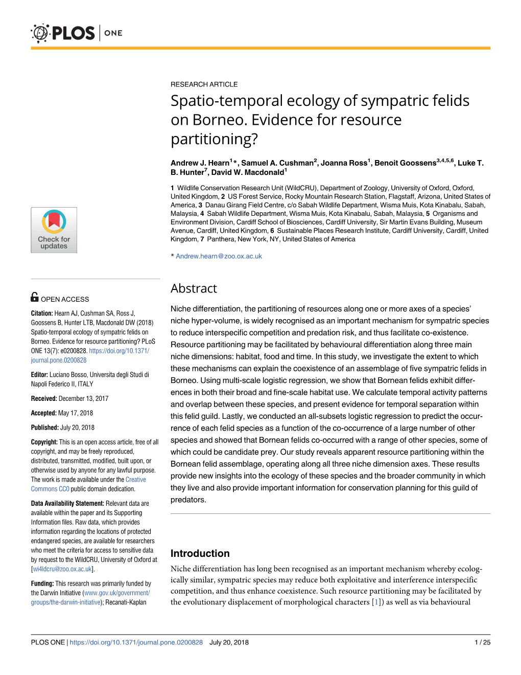 Spatio-Temporal Ecology of Sympatric Felids on Borneo. Evidence for Resource Partitioning?