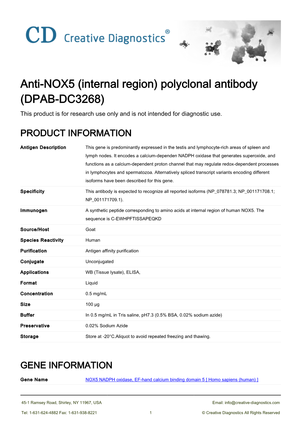 Anti-NOX5 (Internal Region) Polyclonal Antibody (DPAB-DC3268) This Product Is for Research Use Only and Is Not Intended for Diagnostic Use