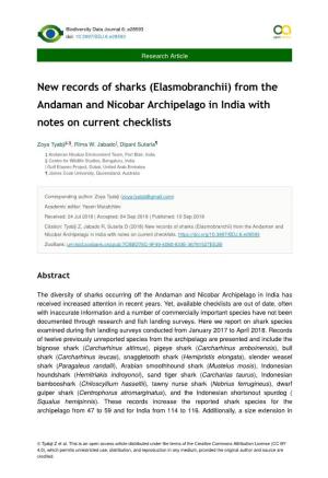 New Records of Sharks (Elasmobranchii) from the Andaman and Nicobar Archipelago in India with Notes on Current Checklists