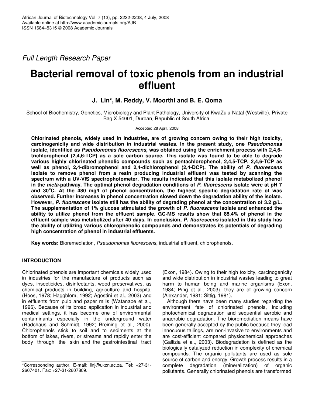 Bacterial Removal of Toxic Phenols from an Industrial Effluent