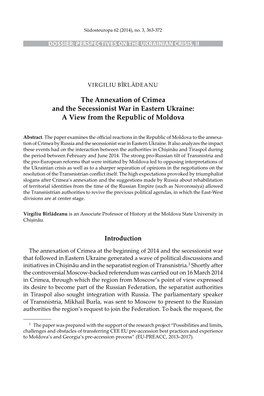 The Annexation of Crimea and the Secessionist War in Eastern Ukraine: a View from the Republic of Moldova