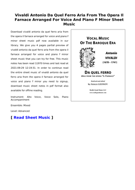 Vivaldi Antonio Da Quel Ferro Aria from the Opera Il Farnace Arranged for Voice and Piano F Minor Sheet Music