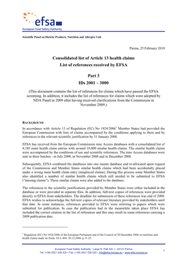 Consolidated List of Article 13 Health Claims List of References Received by EFSA