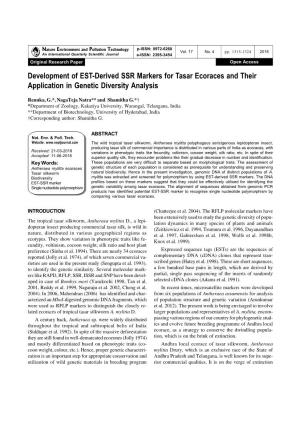 Development of EST-Derived SSR Markers for Tasar Ecoraces and Their Application in Genetic Diversity Analysis