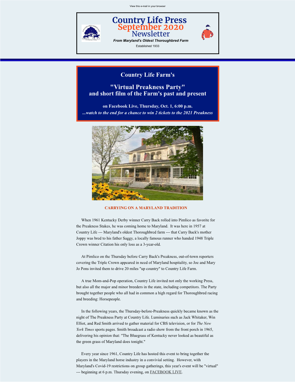 Country Life Press September 2020 Newsletter from Maryland's Oldest Thoroughbred Farm Established 1933