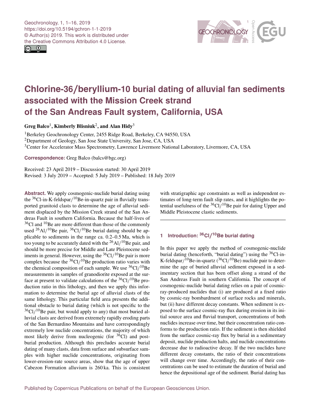 Chlorine-36/Beryllium-10 Burial Dating of Alluvial Fan Sediments Associated with the Mission Creek Strand of the San Andreas Fault System, California, USA