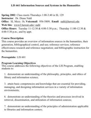 LIS 661 Information Sources and Systems in the Humanities