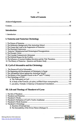 Table of Contents Introduction I. Nestorius and Nestorian