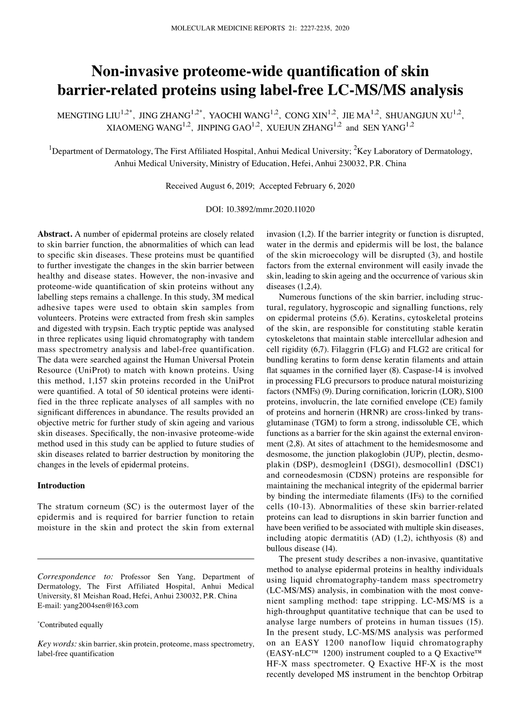 Non‑Invasive Proteome‑Wide Quantification of Skin Barrier‑Related Proteins Using Label‑Free LC‑MS/MS Analysis