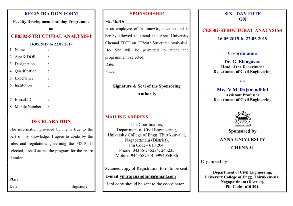 Day Fdtp on Ce8502-Structural Analysis