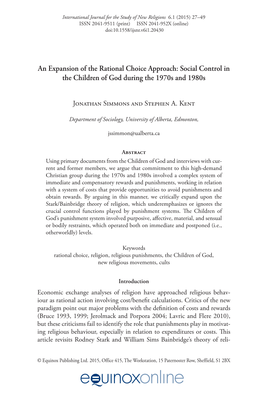 An Expansion of the Rational Choice Approach: Social Control in the Children of God During the 1970S and 1980S