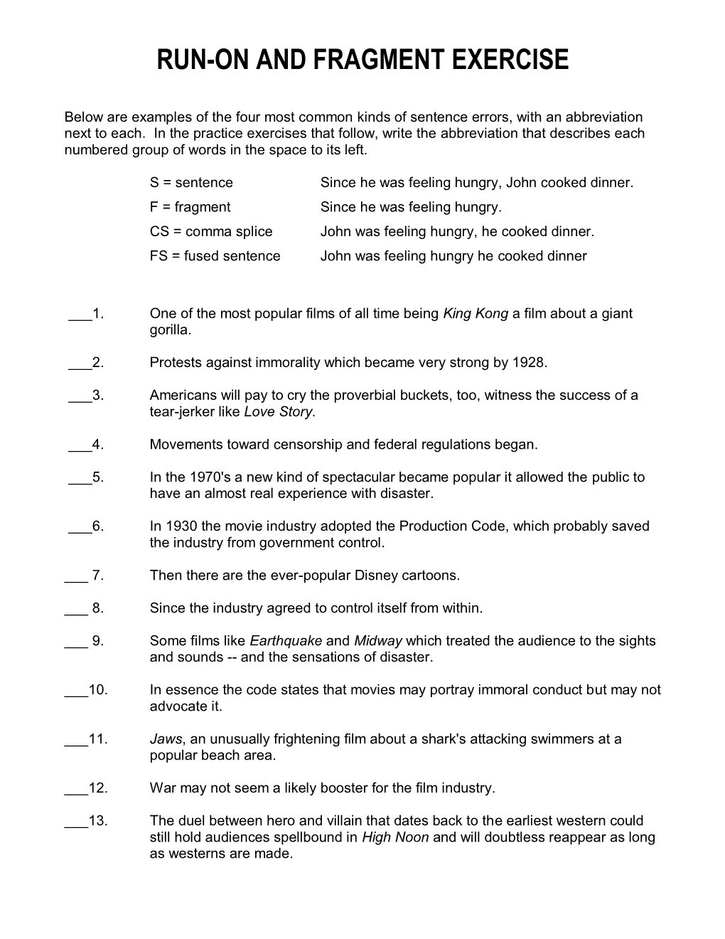 Run-On and Fragment Exercise