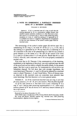 A Note on Embedding a Partially Ordered Ring in a Division Algebra William H