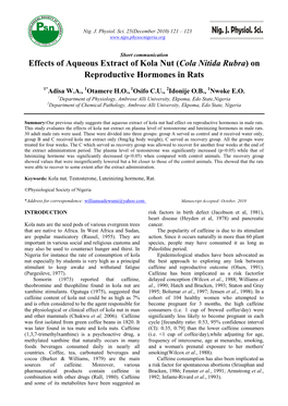 Effects of Aqueous Extract of Kola Nut (Cola Nitida Rubra) on Reproductive Hormones in Rats