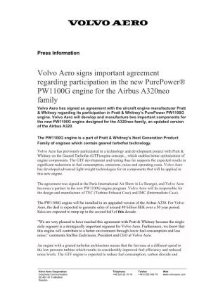 Volvo Aero Signs Important Agreement Regarding Participation in the New Purepower® PW1100G Engine for the Airbus A320neo Family