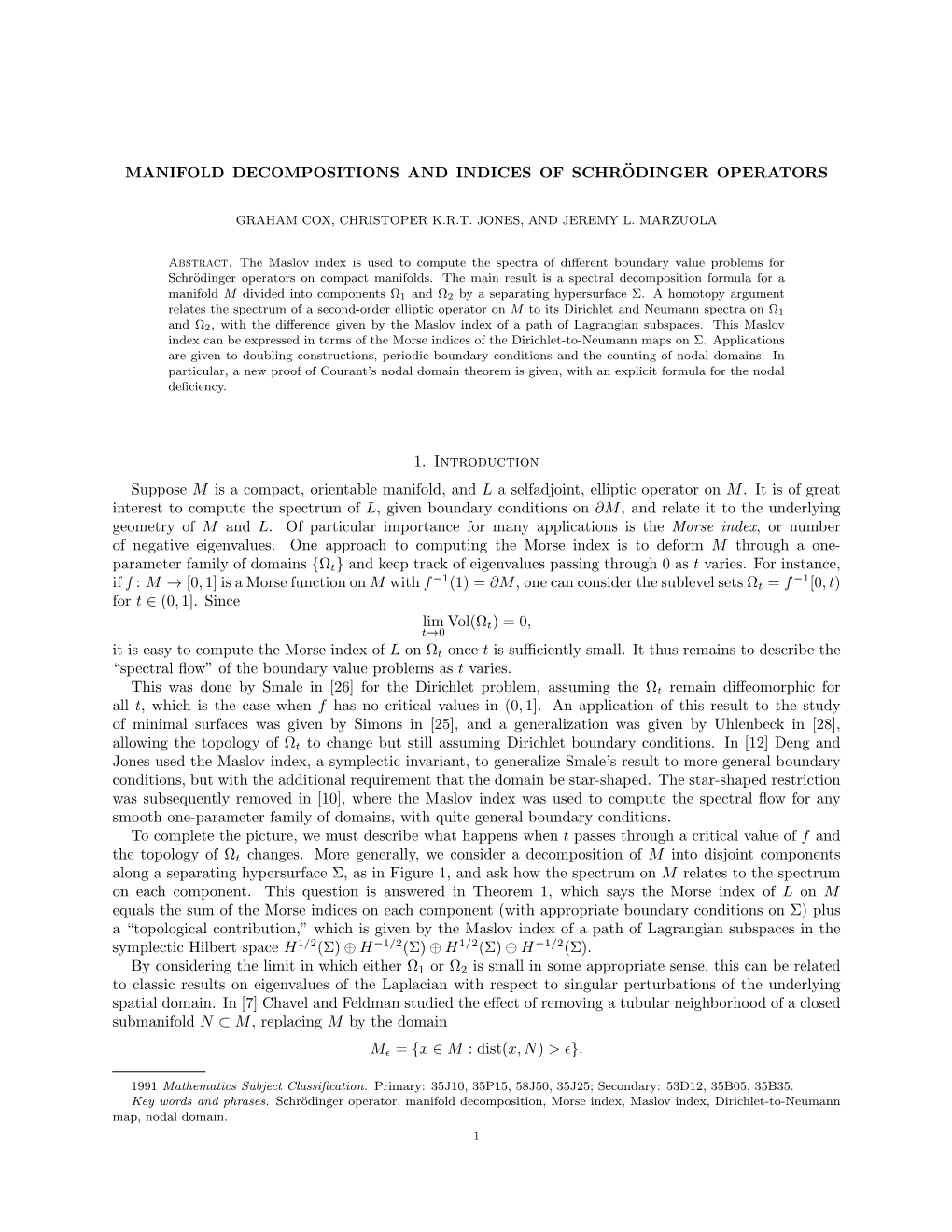 Manifold Decompositions and Indices of Schrödinger Operators