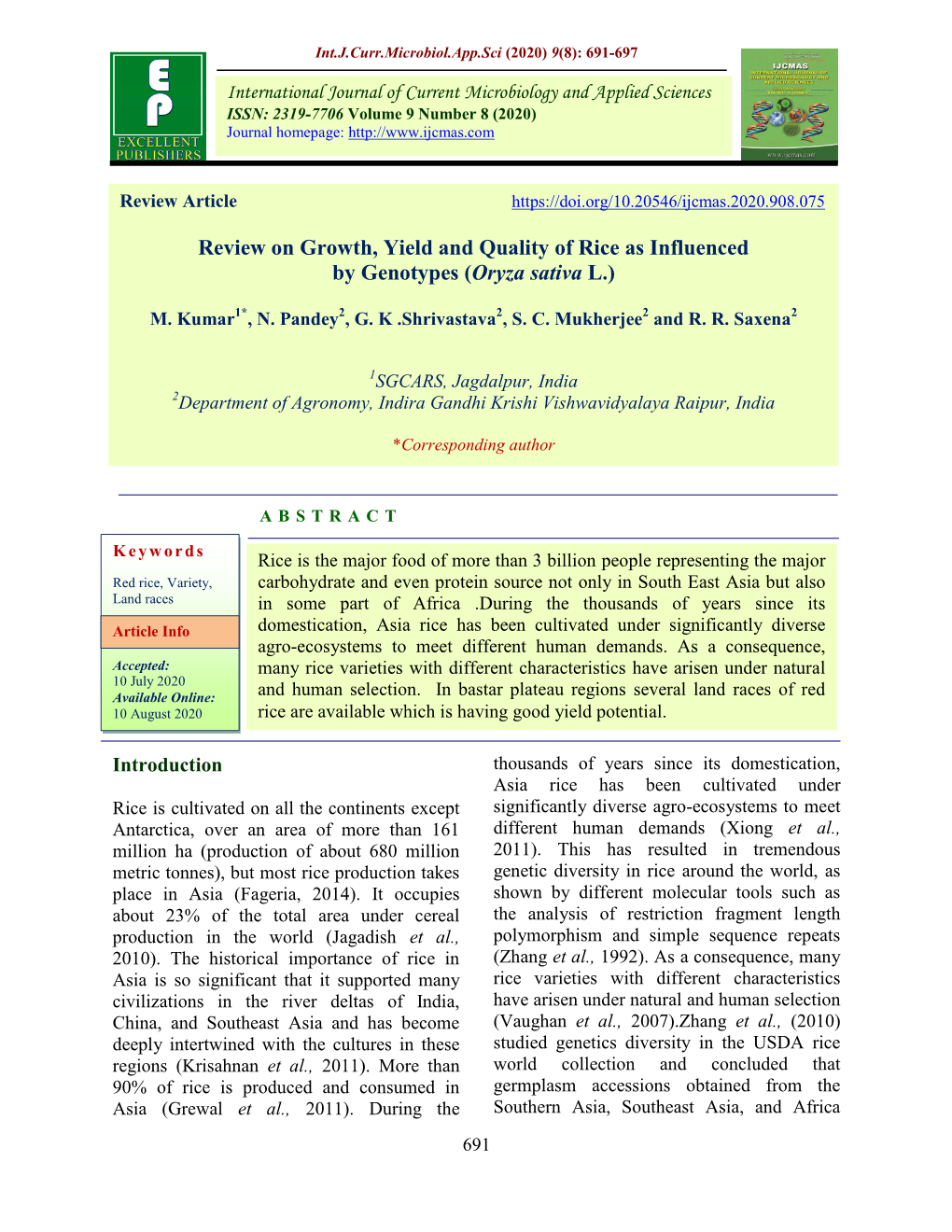 Review on Growth, Yield and Quality of Rice As Influenced by Genotypes (Oryza Sativa L.)