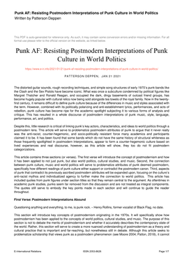 Resisting Postmodern Interpretations of Punk Culture in World Politics Written by Patterson Deppen