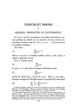 Dirichlet Series I General Properties of Convergence