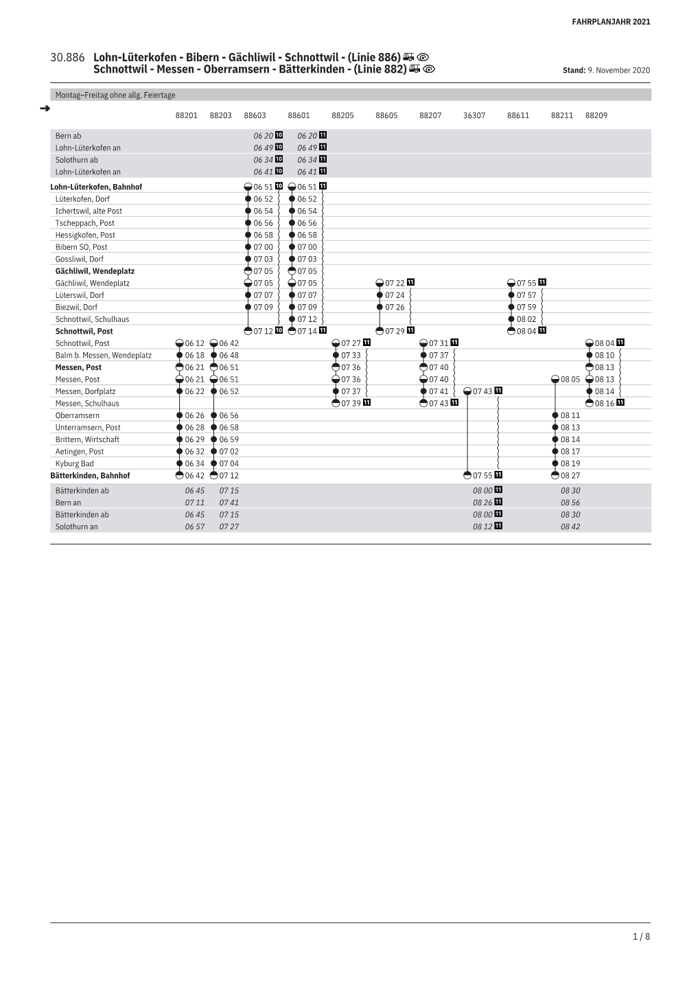 30.886 Lohn-Lüterkofen - Bibern - Gächliwil - Schnottwil - (Linie 886) Schnottwil - Messen - Oberramsern - Bätterkinden - (Linie 882) Stand: 9