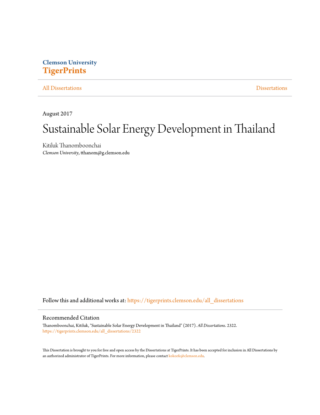 Sustainable Solar Energy Development in Thailand Kitiluk Thanomboonchai Clemson University, Tthanom@G.Clemson.Edu