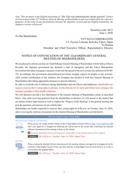 Notice of Convocation of the 32Nd Ordinary General Meeting of Shareholders) and Is Provided Solely for Reference Purposes