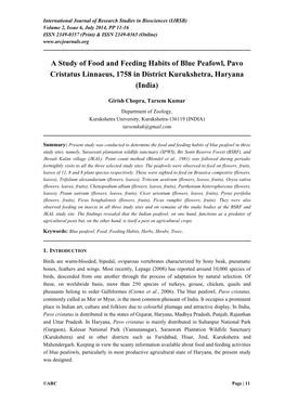 A Study of Food and Feeding Habits of Blue Peafowl, Pavo Cristatus Linnaeus, 1758 in District Kurukshetra, Haryana (India)