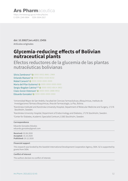 Glycemia-Reducing Effects of Bolivian Nutraceutical Plants Efectos Reductores De La Glucemia De Las Plantas Nutracéuticas Bolivianas